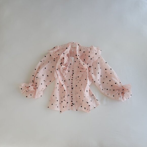 Zimmermann Crush Embroidered Frill Silk Linen Blouse Pink Hearts 💕 NWT - Picture 7 of 10